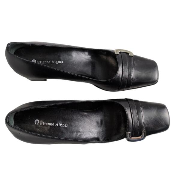 ETIENNE AIGNER Women's 8 E-Mozart Square Toe Black Leather Heels Pumps Preppy - Picture 3 of 10
